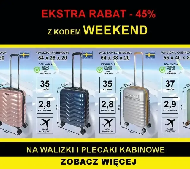 Różowe, niebieskie, srebrne i zielone walizki kabinowe idealne jako bagaż podręczny Lufthansa. Promocja z kodem WEEKEND.