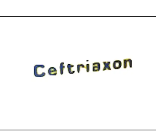 Napis "Ceftriaxon" w kolorze niebiesko-żółtym, lek stosowany w leczeniu infekcji.