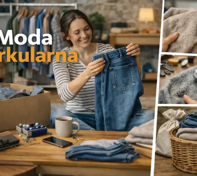 Kobieta z uśmiechem przegląda ubrania, pokazując, że moda cyrkularna to nowy trend. Widać też odświeżanie swetrów i kosz z ubraniami.