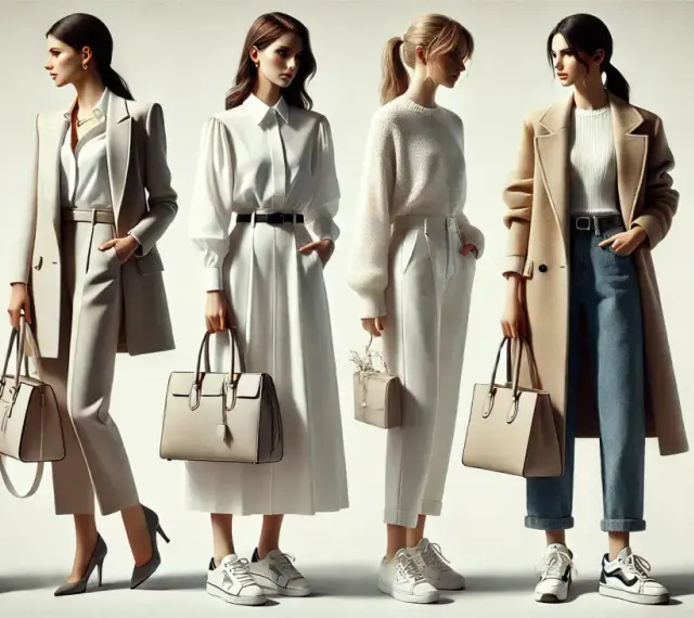 Sześć kobiet prezentuje stylizacje smart casual: od eleganckich garniturów po płaszcze i spodnie.