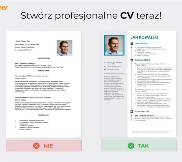 Przykładowe CV Jana Kowalskiego, specjalisty ds. sprzedaży z 10-letnim doświadczeniem, z sekcjami Umiejętności, Doświadczenie i Wykształcenie.