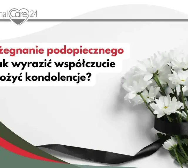 Białe kwiaty z czarną wstęgą. Tekst pyta: "Pożegnanie podopiecznego - jak wyrazić współczucie i złożyć kondolencje?".