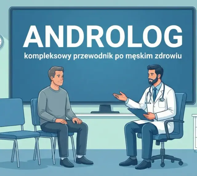 Lekarz androlog rozmawia z pacjentem w gabinecie. Na ekranie widnieje napis "ANDROLOG".