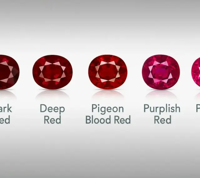 Five oval-cut rubies, showcasing a spectrum of red hues from dark to pinkish, represent the July birthstone.