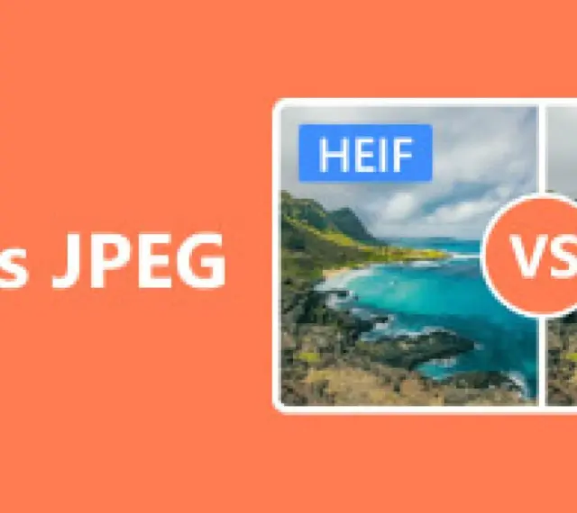Porównanie formatów HEIF i JPEG. Obraz przedstawia krajobraz z turkusową wodą i zielonymi wzgórzami, z etykietą HEIF.