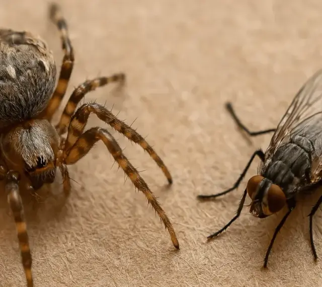 Eine Spinne und eine Fliege auf braunem Untergrund. Viele Leute denken, dass spinnen insekten sind, aber das stimmt nicht.