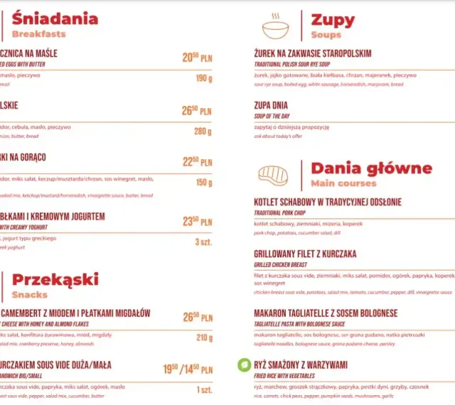 Menu z daniami głównymi, zupami i śniadaniami. Wśród pozycji: kotlet schabowy, makaron tagliatelle z sosem bolognese, żurek, jajecznica. Wagon restauracyjny oferuje różnorodne posiłki.