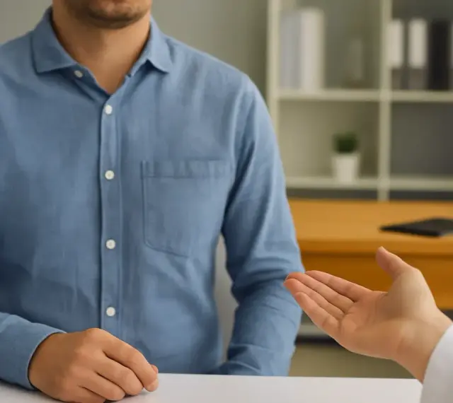 Rozmowa o ubezpieczeniu zdrowotnym dla bezrobotnych. Dwie osoby siedzą przy biurku, jedna gestykuluje.