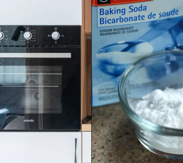 Nowy piekarnik czeka na czyszczenie. Soda oczyszczona w miseczce i opakowanie obok sugerują ekologiczne metody.