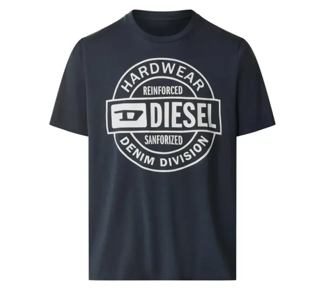 Granatowy T-shirt męski Diesel z białym okrągłym nadrukiem "HARDWEAR REINFORCED DIESEL SANFORIZED DENIM DIVISION".
