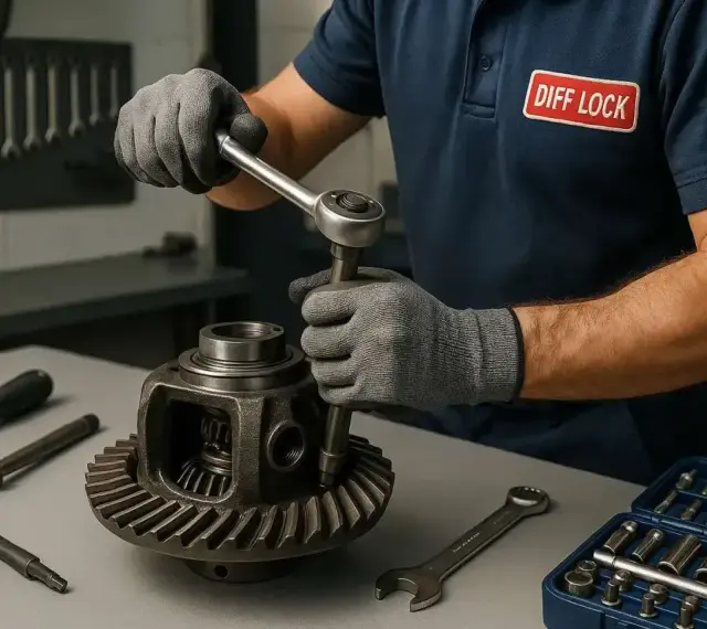 Mechanik w rękawiczkach dokręca śrubę w dyfrze. Na stole narzędzia i skrzynka z nasadkami.