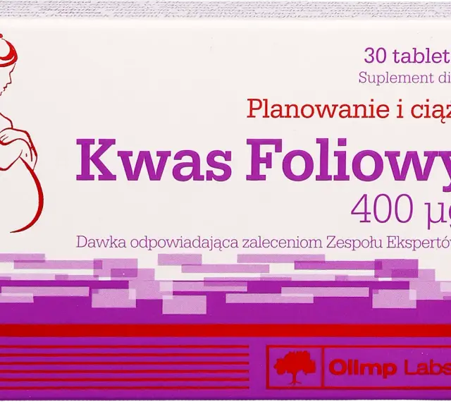 Opakowanie suplementu diety Kwas Foliowy 400 µg, zalecanego do planowania i ciąży. Wskazuje ile kwasu foliowego w ciąży jest potrzebne.