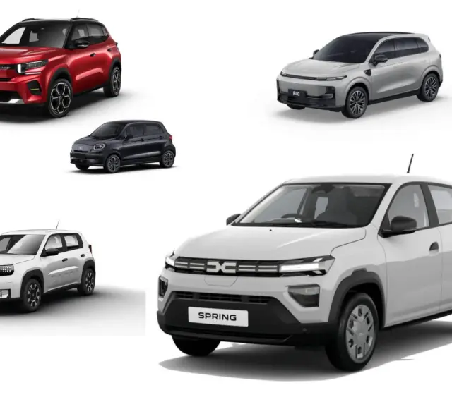 Szukasz najtańszych samochodów elektrycznych? Zobacz te modele: czerwony E-C3, czarny miejski, biały Panda, szary B10 i biały Spring.