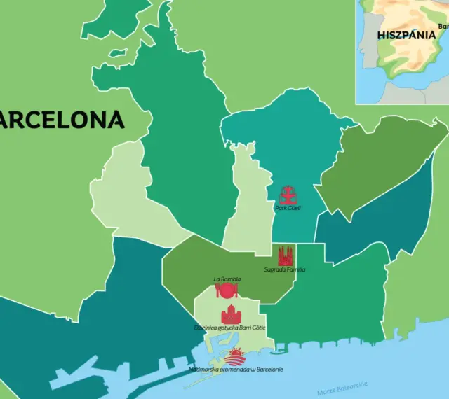 Mapa Barcelony z zaznaczonymi atrakcjami: Park Güell, Sagrada Familia, La Rambla, Dzielnica gotycka Barri Gòtic, promenada. Gdzie jest Barcelona? W Hiszpanii.