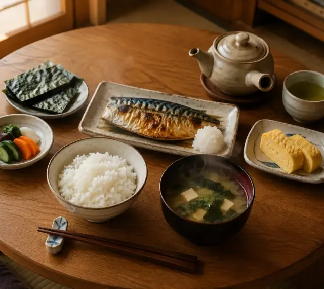 Tradycyjne japońskie potrawy: grillowana makrela, ryż, zupa miso, tamagoyaki, marynowane warzywa i nori.
