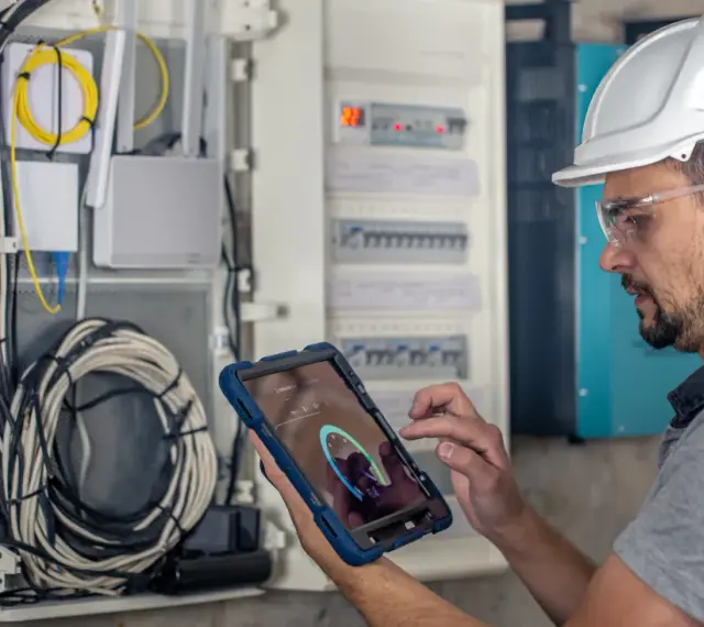 Technik w kasku i okularach ochronnych wykonuje przegląd instalacji elektrycznej, korzystając z tabletu.