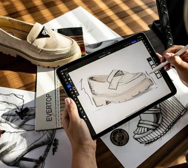 Projektantka szkicuje buty Filippo, firmy znanej z modnego obuwia. Na stole leży gotowy model i szkice.