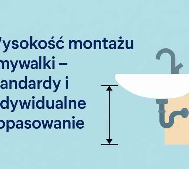 Wysokość montażu umywalki: standardy i indywidualne dopasowanie. Grafika pokazuje umywalkę z zaznaczoną miarą wysokości.