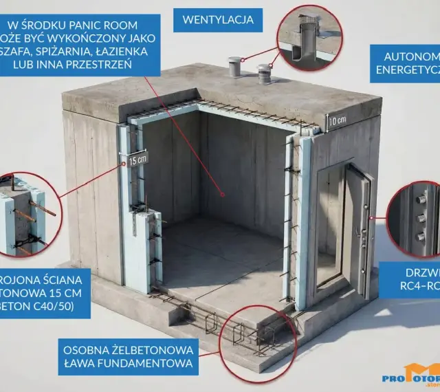 Schron przydomowy z żelbetonową ławą, zbrojonymi ścianami 15 cm, wentylacją i drzwiami RC4-RC6. W środku może być panic room.