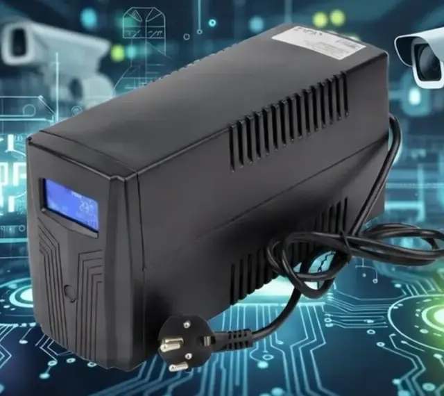 Ups, co to? Zasilacz awaryjny UPS i kamery monitoringu na tle schematów obwodów drukowanych.
