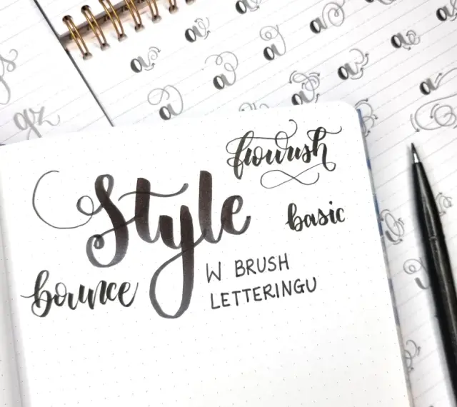 Ćwiczenia kaligraficzne: "Style", "bounce", "flourish", "basic" i litery w różnych wariantach kroju pisma.