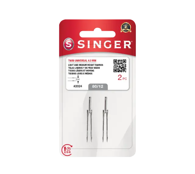 Confezione di due aghi gemelli Singer 4.0 mm, ideali per tessuti leggeri e medi. La tabella aghi per macchina da cucire indica la misura 80/12.