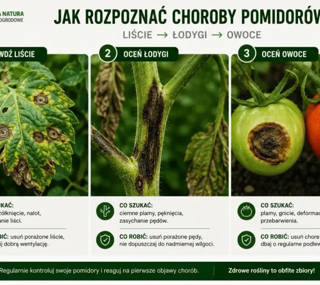 Objawy chorób pomidorów: plamy na liściach, ciemne zmiany na łodygach i gnijące owoce. Szybka reakcja zapobiega rozprzestrzenianiu się chorób.
