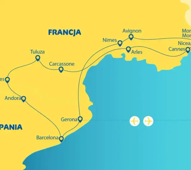 Mapa turystyczna Francji i Hiszpanii, pokazująca trasę przez miasta nad Morzem Śródziemnym, od Barcelony po Monako.