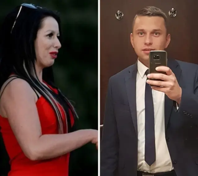 Krzysztof rolnik szuka żony. Obok niego kobieta w czerwonej sukience.
