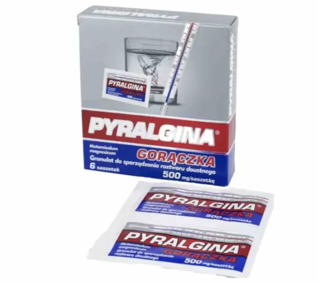 Opakowanie Pyralginy na gorączkę, 6 saszetek po 500 mg. Sprawdź pyralgina dawkowanie.