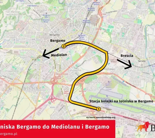 Mapa pokazuje trasę kolejową z lotniska Bergamo do Mediolanu i Bergamo.