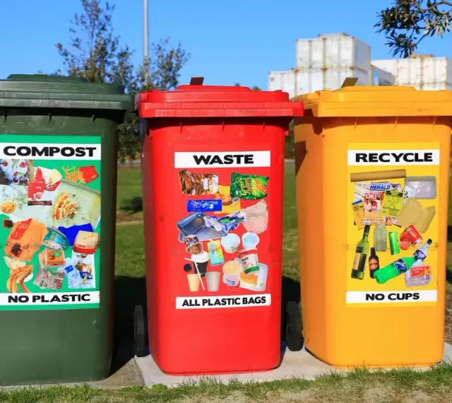 Trzy kosze na śmieci: zielony (kompost), czerwony (odpady) i żółty (recykling), z naklejkami pokazującymi przykłady wyrzucanych rzeczy.