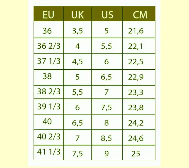 Tabela rozmiarów obuwia: 6,5 US to 38 EU, 22,9 cm.
