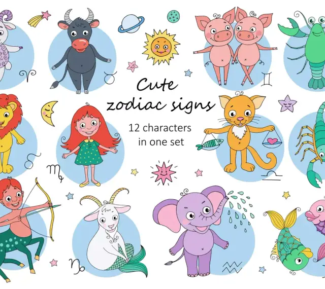 Urocze znaki zodiaku: baran, byk, bliźnięta, rak, lew, panna, waga, skorpion, strzelec, koziorożec, wodnik, ryby.