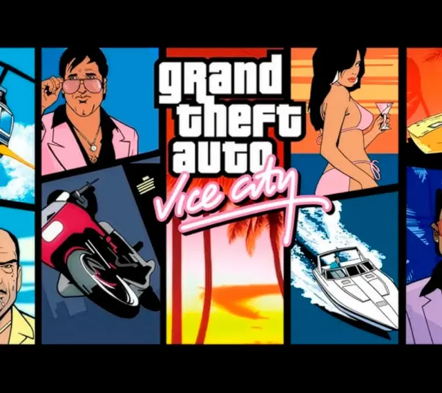 Portada GTA Vice City: collage de personajes, vehículos y el logo del juego.
