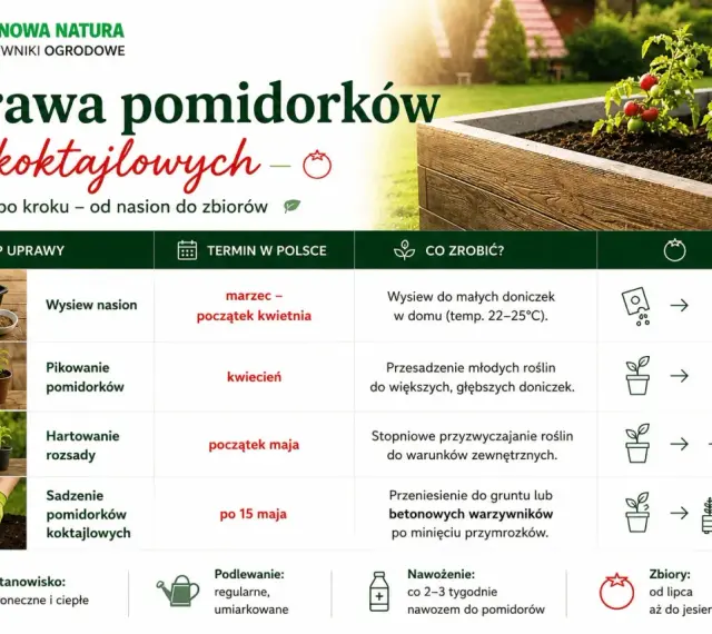Uprawa pomidorków koktajlowych krok po kroku: od wysiewu nasion po zbiory. Poradnik zawiera terminy i wskazówki.
