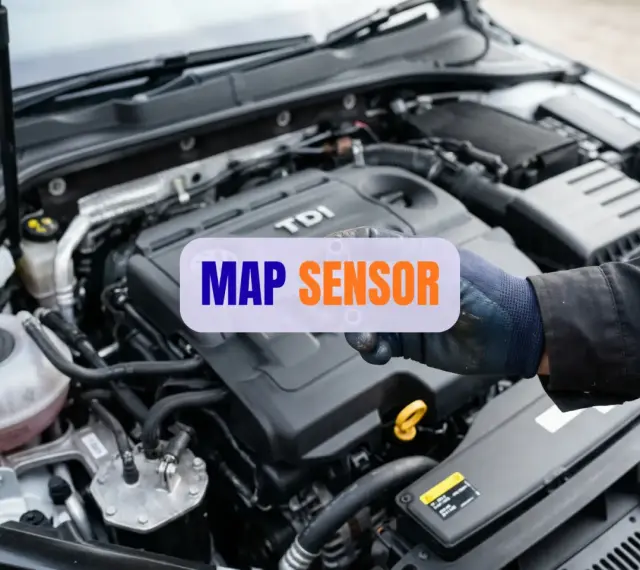 Ręka w rękawiczce mechanika wskazuje na silnik TDI. Napis "MAP SENSOR" sugeruje, że chodzi o objawy awarii tego elementu.