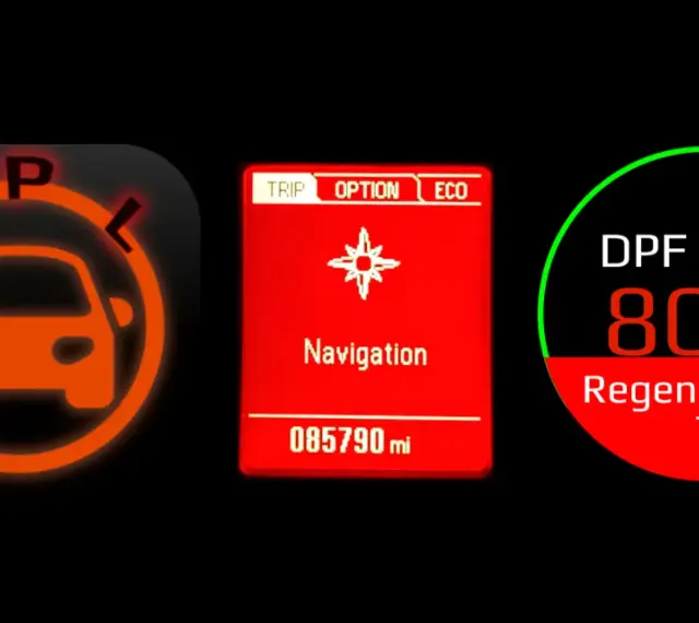 Kontrolki Opla: kontrolka silnika, nawigacja, przebieg 85790 mil, DPF Level 80%, Regeneration 7. Pomoc z op-com opel po polsku.