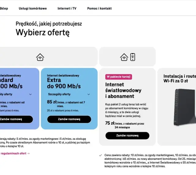 Pakiety t mobile: Internet światłowodowy Standard do 300 Mb/s za 65 zł/mies. i Extra do 900 Mb/s za 85 zł/mies. Dostępne też pakiety z abonamentem.