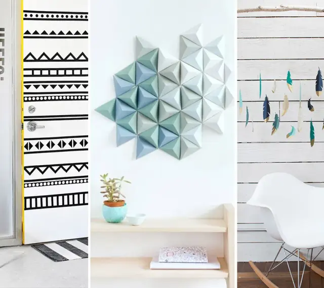 Inspirujące dekoracje DIY: drzwi w etniczne wzory, geometryczna ozdoba na ścianę i piórka-girlanda.