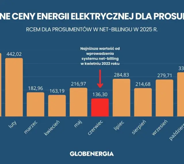 Wykres pokazuje miesięczne ceny energii elektrycznej dla prosumentów w net-billingu w 2025 r. Zastanawiasz się, ile kosztuje fotowoltaika? Ceny wahają się od 136,30 zł do 480,01 zł.