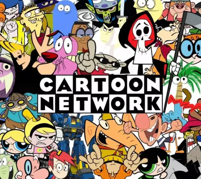 Wesołe postacie z klasycznych cartoon network bajki, w tym Atomówki, Krecik i Dexter, tworzą kolaż wokół logo.