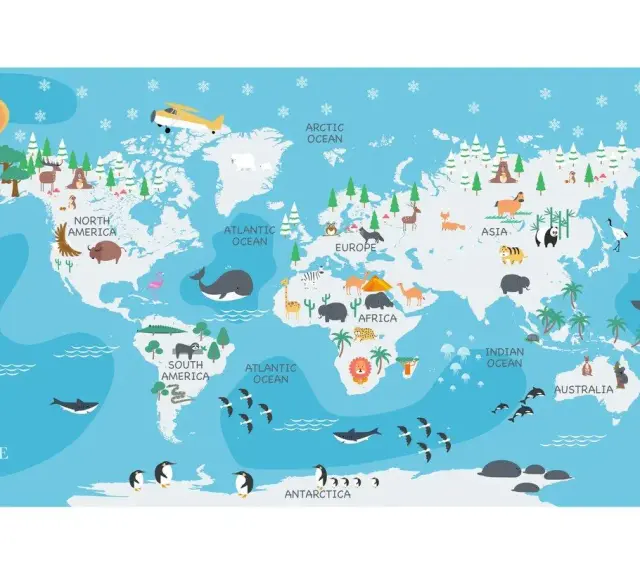 Mapa świata z zwierzętami i kontynentami. Największy ocean, Pacyfik, otacza Amerykę Północną i Południową.