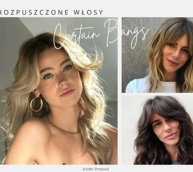 Trzy kobiety z rozpuszczonymi włosami. Dwie z nich mają modną grzywkę curtain bangs, która dodaje im uroku.