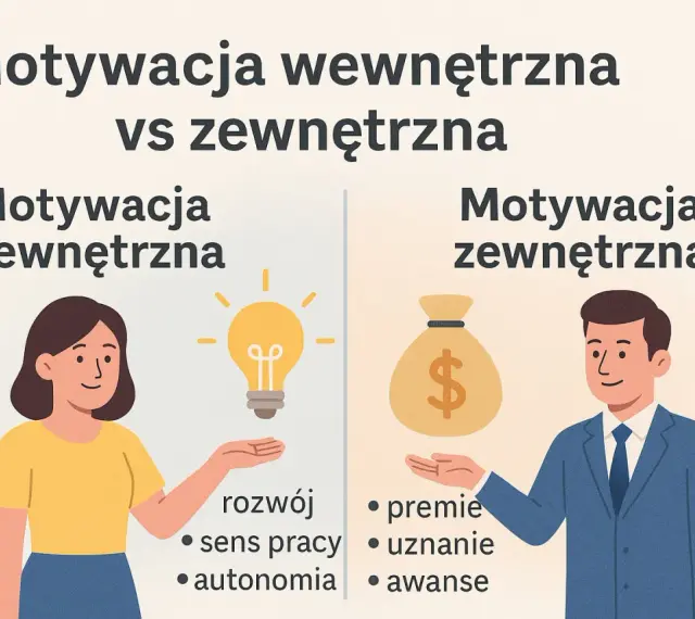 Kobieta z żarówką symbolizuje motywację wewnętrzną (rozwój, sens, autonomia), mężczyzna z sakiewką pieniędzy - motywację zewnętrzną (premie, uznanie, awanse).