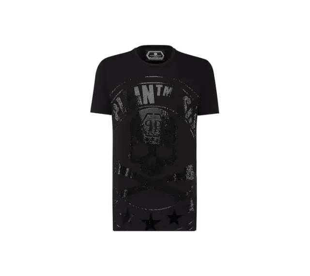 Czarna Philipp Plein koszulka z czaszką i cekinami, ozdobiona gwiazdami.