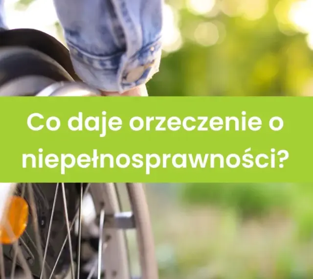 Osoba na wózku inwalidzkim. Zielony prostokąt z napisem "Co daje orzeczenie o niepełnosprawności?".