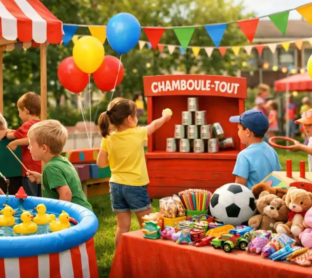 Enfants s'amusant à la kermesse, jeux de chamboule-tout, pêche aux canards, et jouets. 60 idées de jeux pour kermesse.