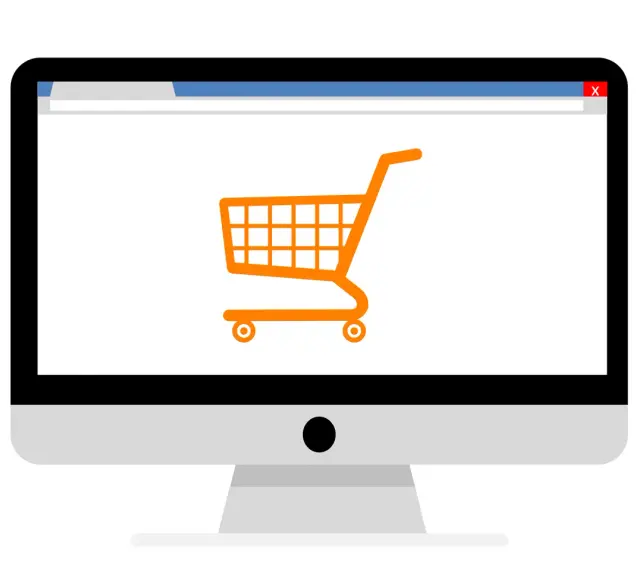 Monitor z ikoną koszyka zakupowego, symbolizujący branżę e-commerce i zakupy online.