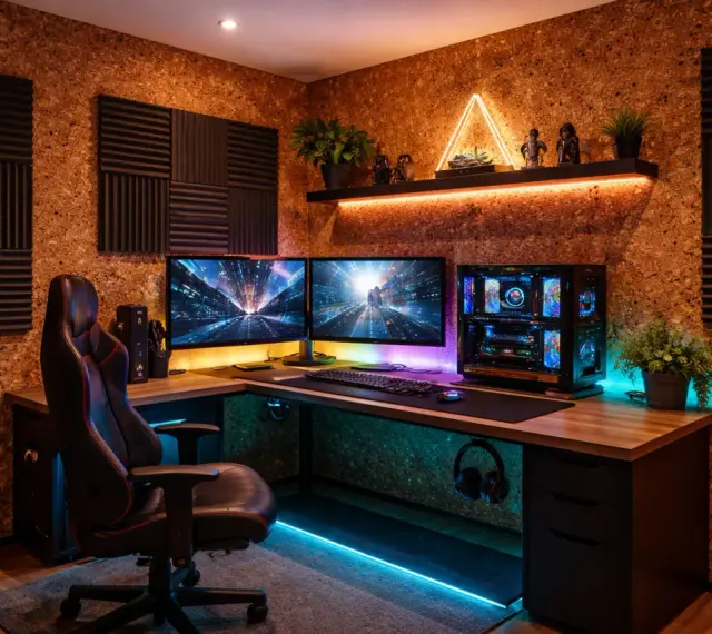 Gamer setup z korkową ścianą i panelami akustycznymi. Idealne miejsce, by dowiedzieć się, jak tanio wygłuszyć pokój.